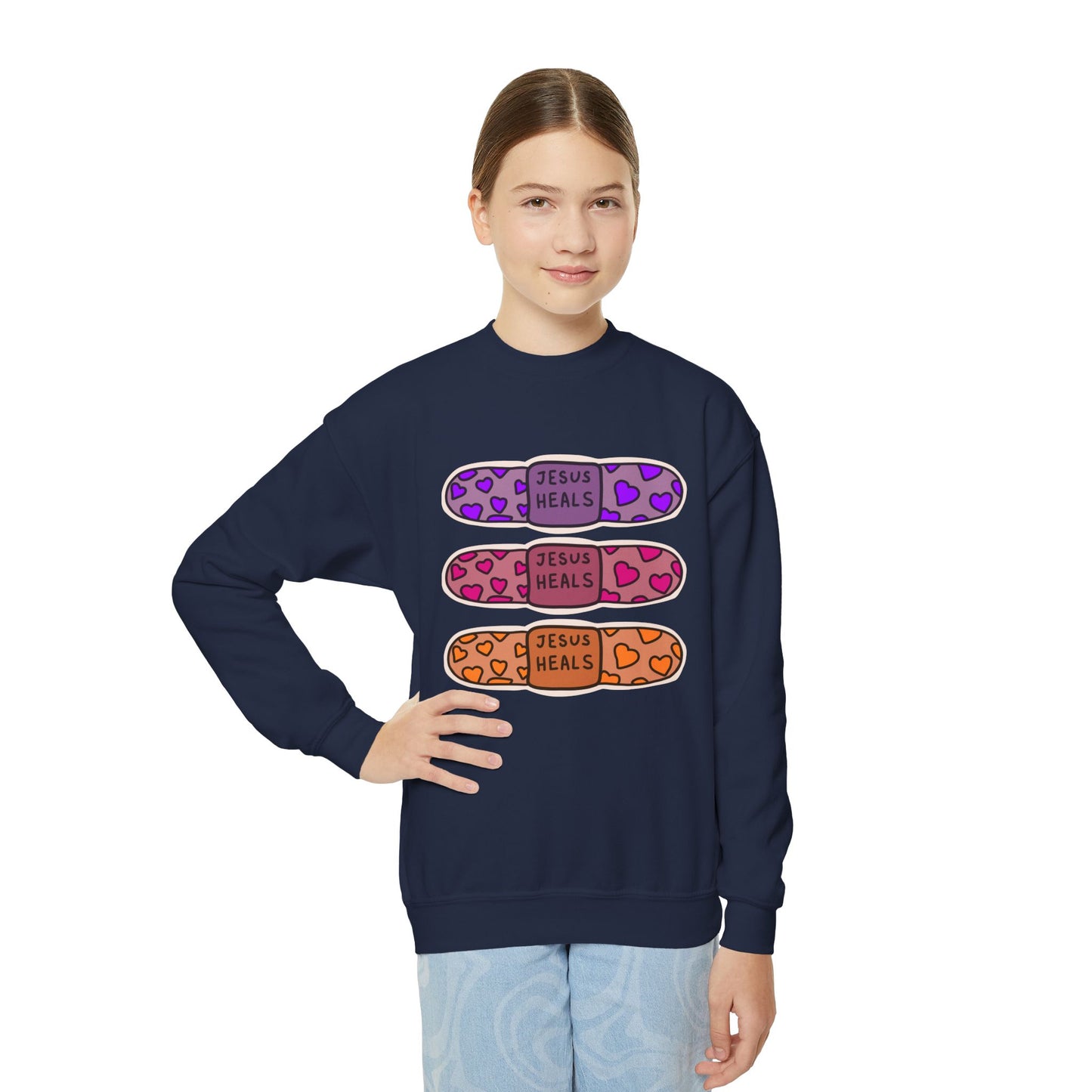 Youth Crewneck Sweatshirt - 'Jesus Heals' Colorful Leopard Bandage Graphic