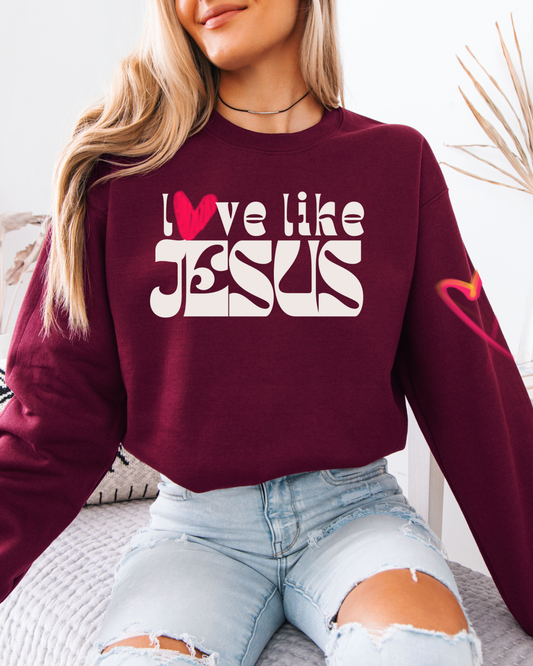 Love Like Jesus Crewneck Sweatshirt — Christian Faith Graphic Pullover with Heart Sleeve