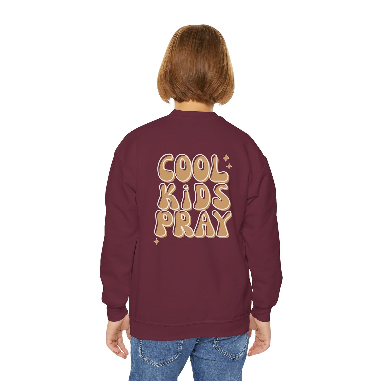 Youth Crewneck Sweatshirt - "Cool Kids Pray" Retro Graphic Pullover for Kids