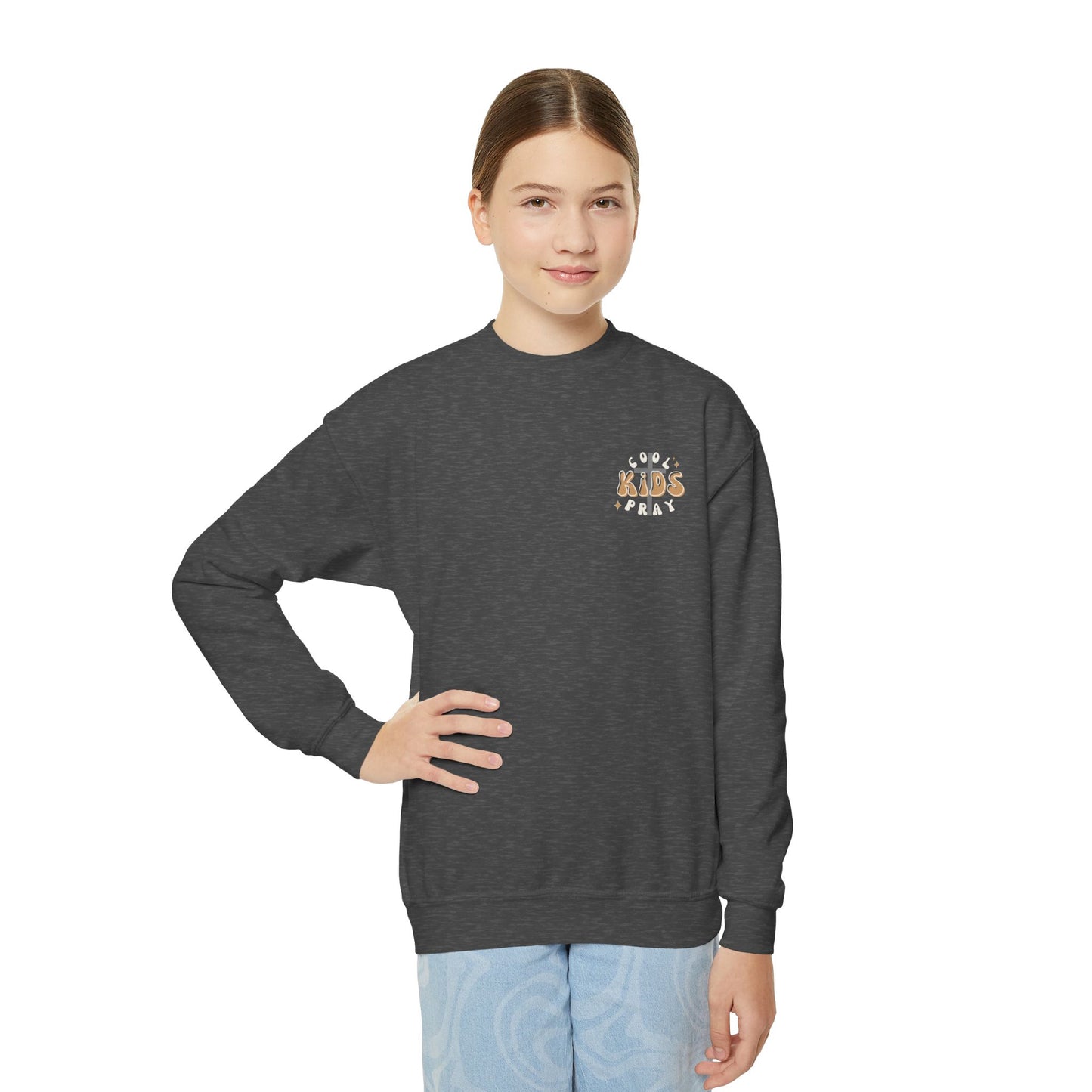Youth Crewneck Sweatshirt - "Cool Kids Pray" Retro Graphic Pullover for Kids