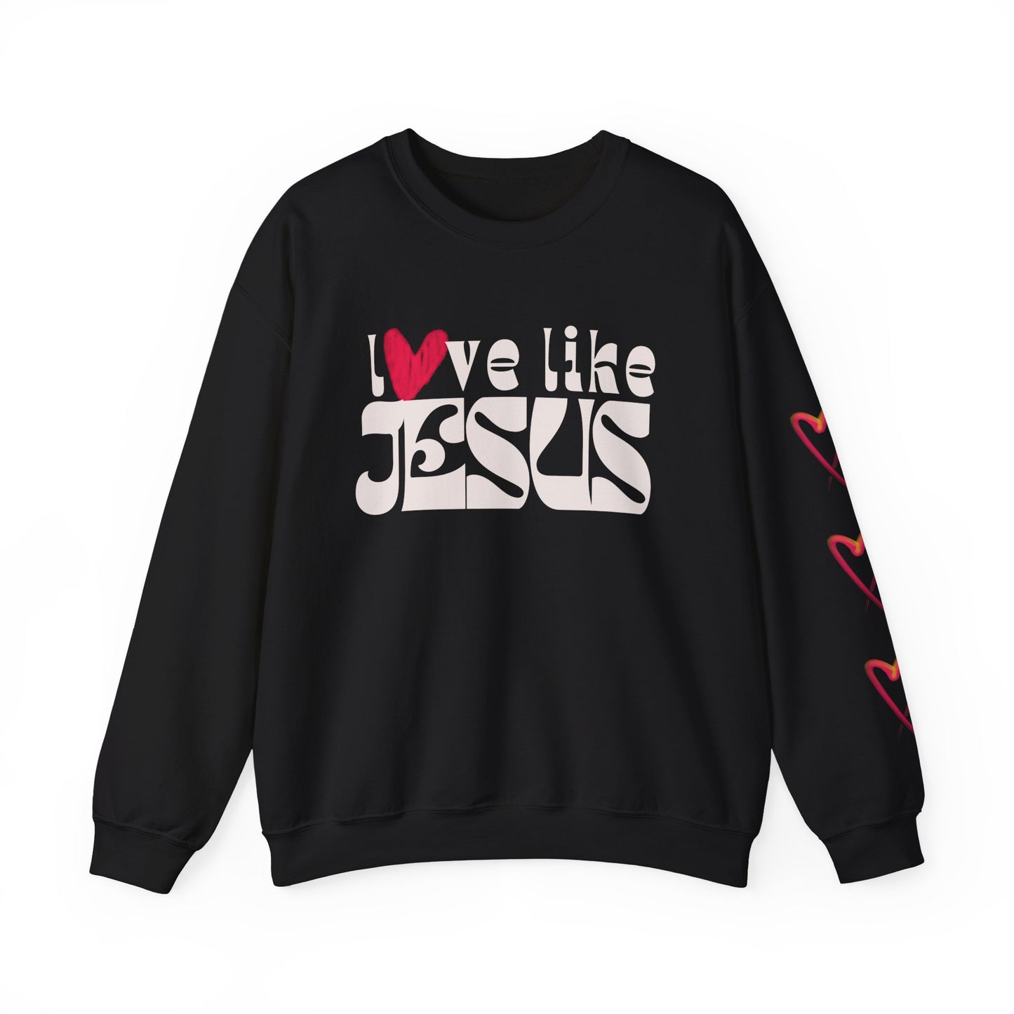 Love Like Jesus Crewneck Sweatshirt — Christian Faith Graphic Pullover with Heart Sleeve