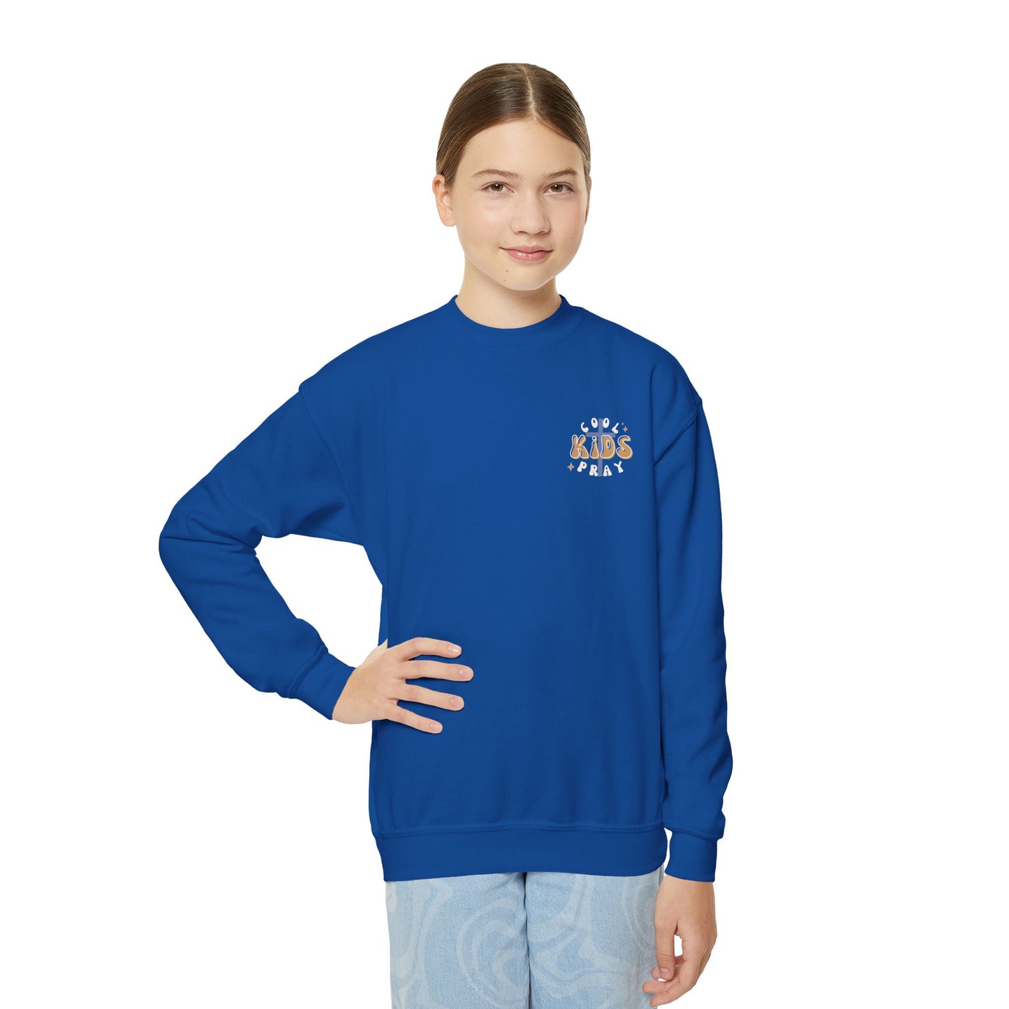 Youth Crewneck Sweatshirt - "Cool Kids Pray" Retro Graphic Pullover for Kids