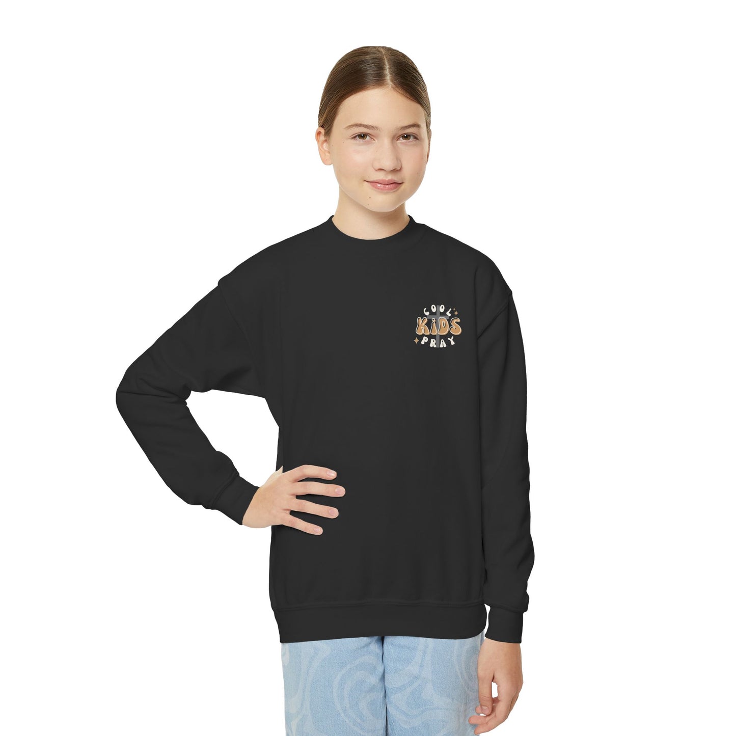 Youth Crewneck Sweatshirt - "Cool Kids Pray" Retro Graphic Pullover for Kids