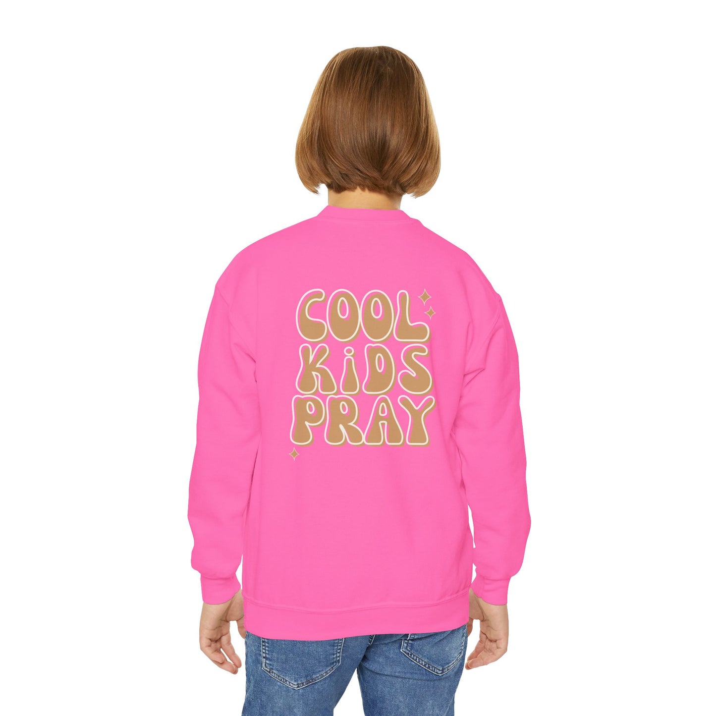 Youth Crewneck Sweatshirt - "Cool Kids Pray" Retro Graphic Pullover for Kids