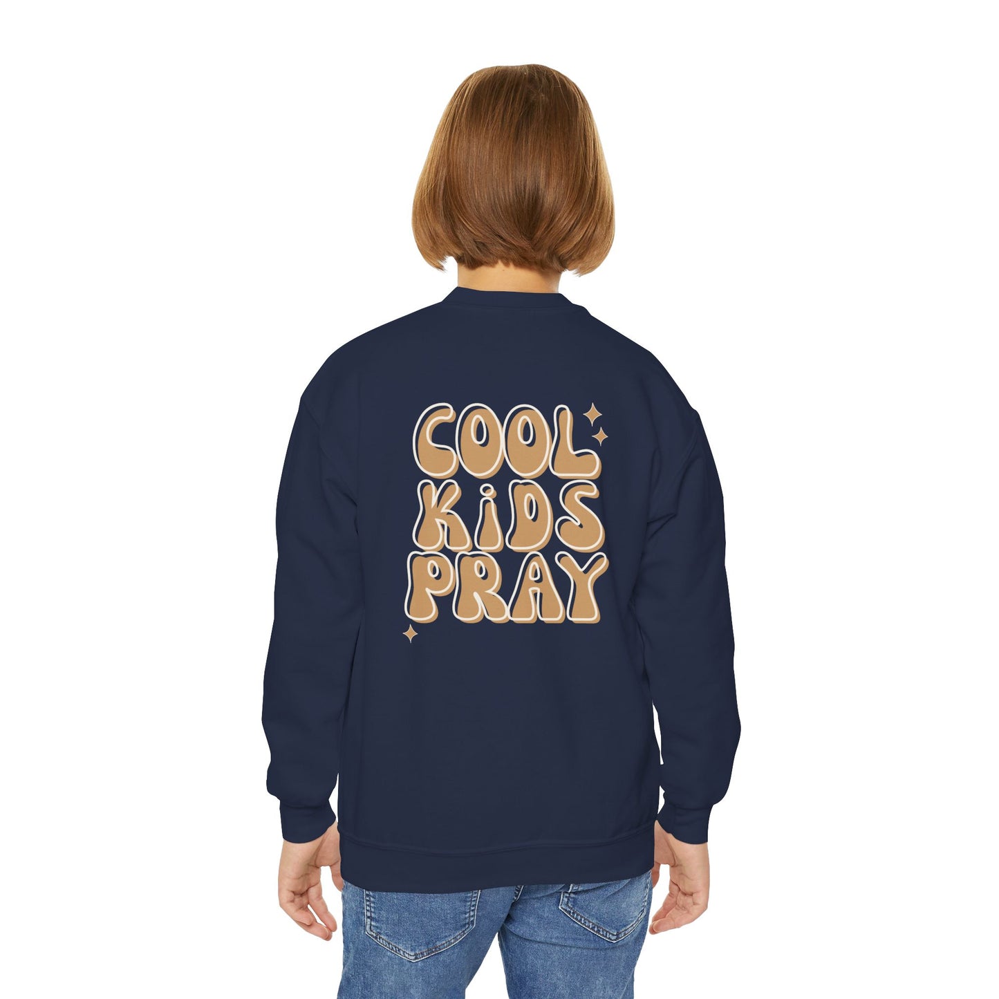 Youth Crewneck Sweatshirt - "Cool Kids Pray" Retro Graphic Pullover for Kids
