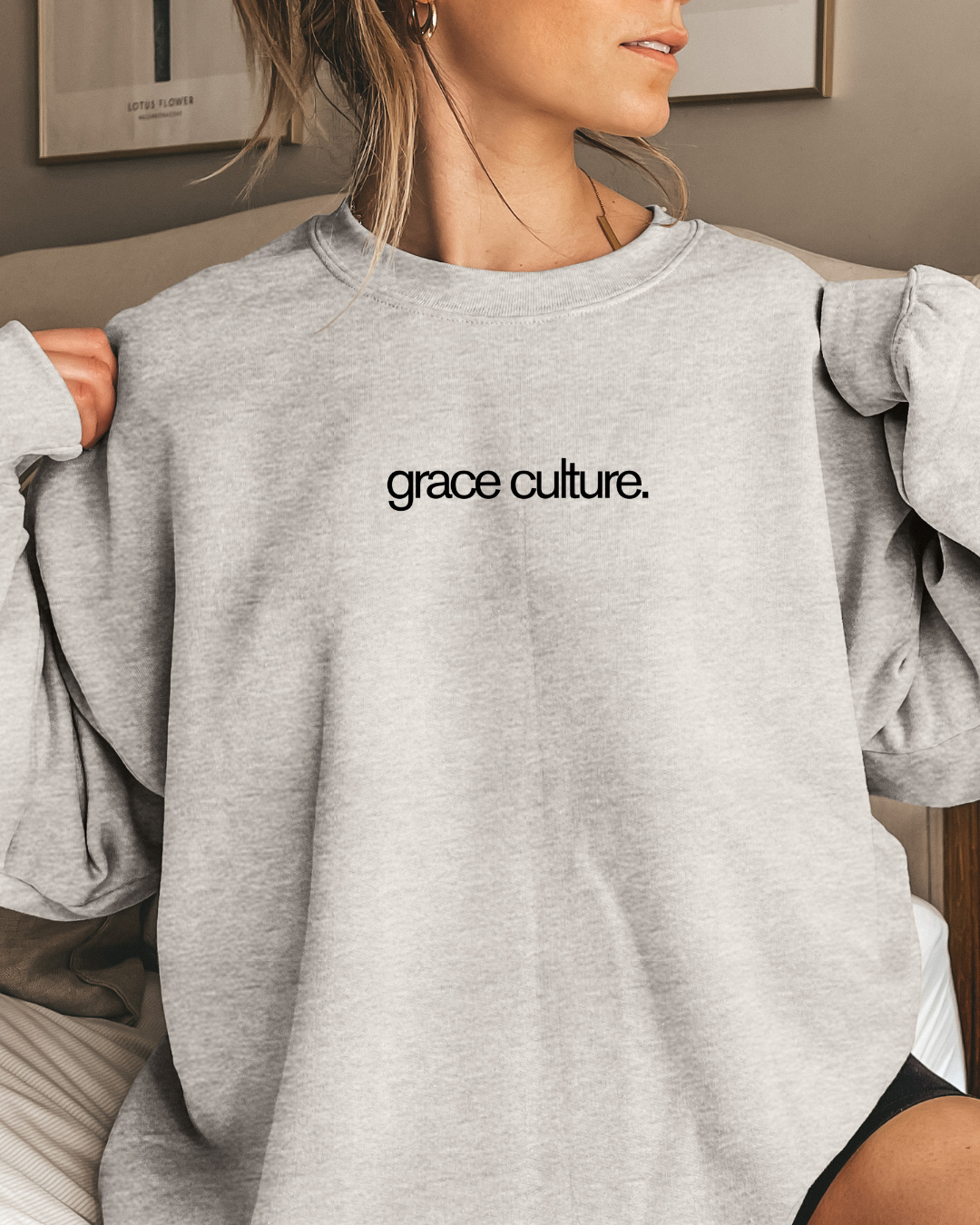 Grace Culture (Oversized Crewneck Sweatshirt with Bible Verse Down Sleeve)