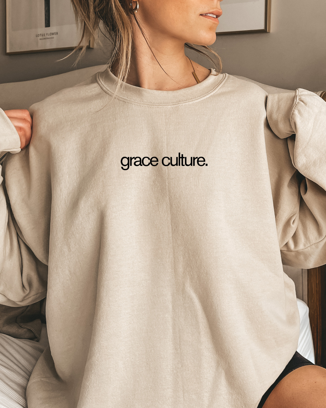 Grace Culture (Oversized Crewneck Sweatshirt with Bible Verse Down Sleeve)