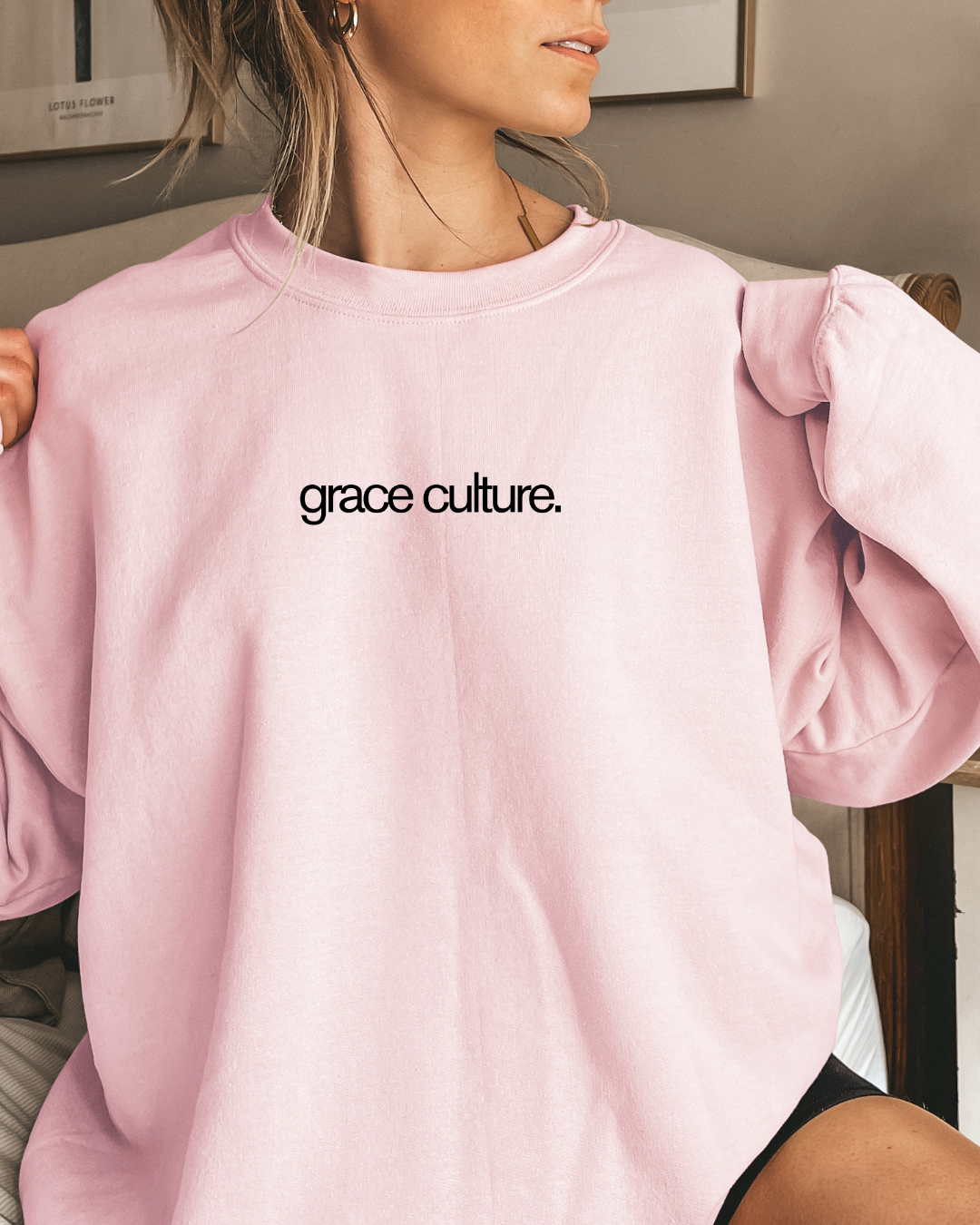Grace Culture (Oversized Crewneck Sweatshirt with Bible Verse Down Sleeve)