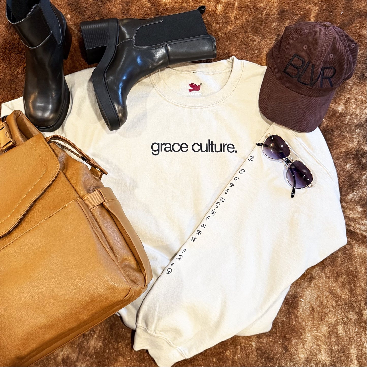 Grace Culture (Oversized Crewneck Sweatshirt with Bible Verse Down Sleeve)