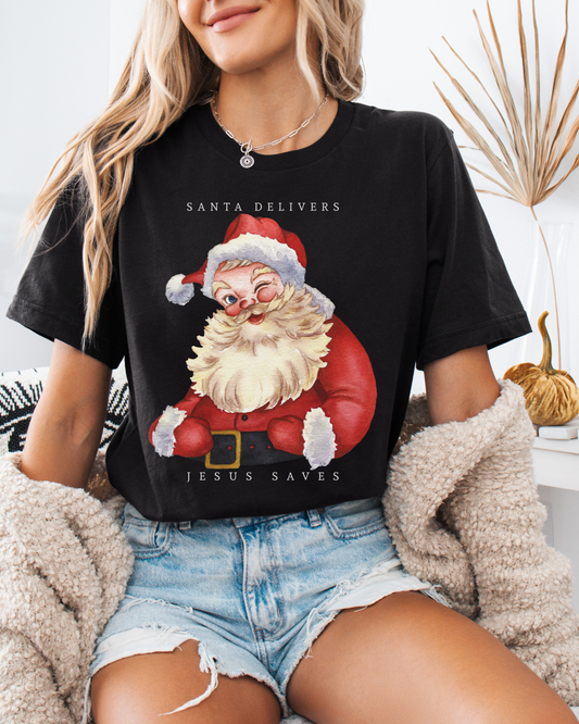 Santa Delivers, Jesus Saves (Unisex Tee)