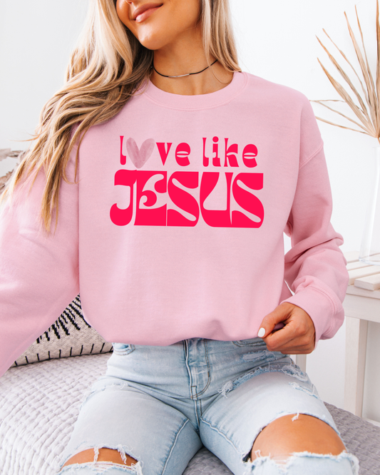 Love Like Jesus Crewneck Sweatshirt — Christian Faith Graphic Pullover with Heart Sleeve