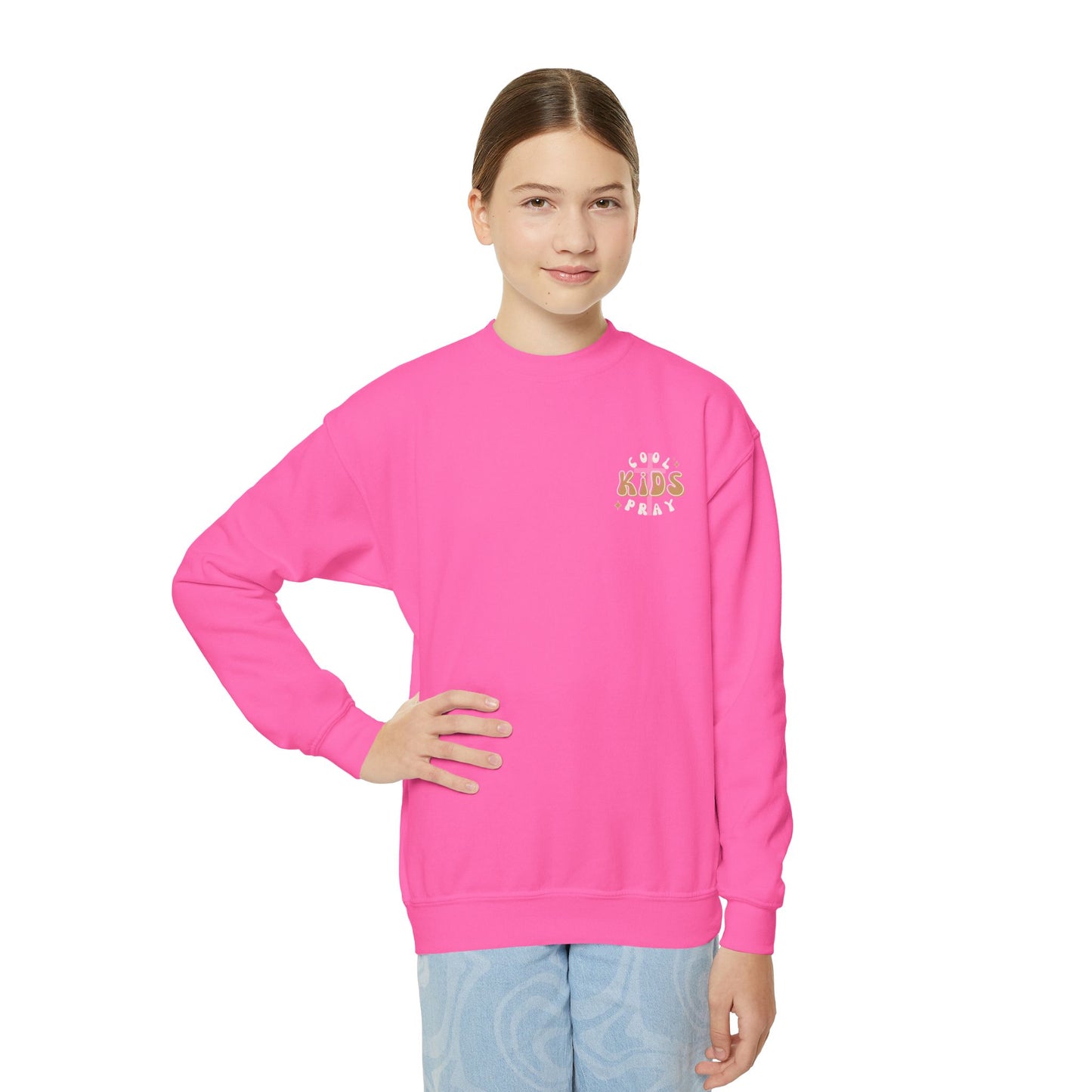Youth Crewneck Sweatshirt - "Cool Kids Pray" Retro Graphic Pullover for Kids