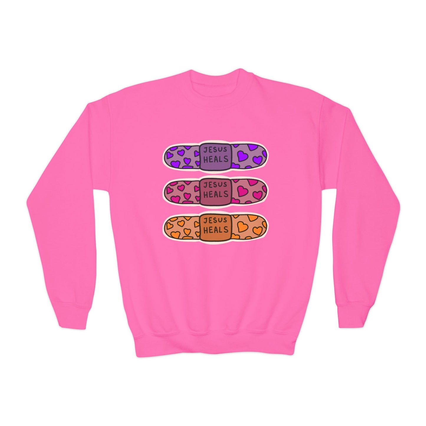 Youth Crewneck Sweatshirt - 'Jesus Heals' Colorful Leopard Bandage Graphic