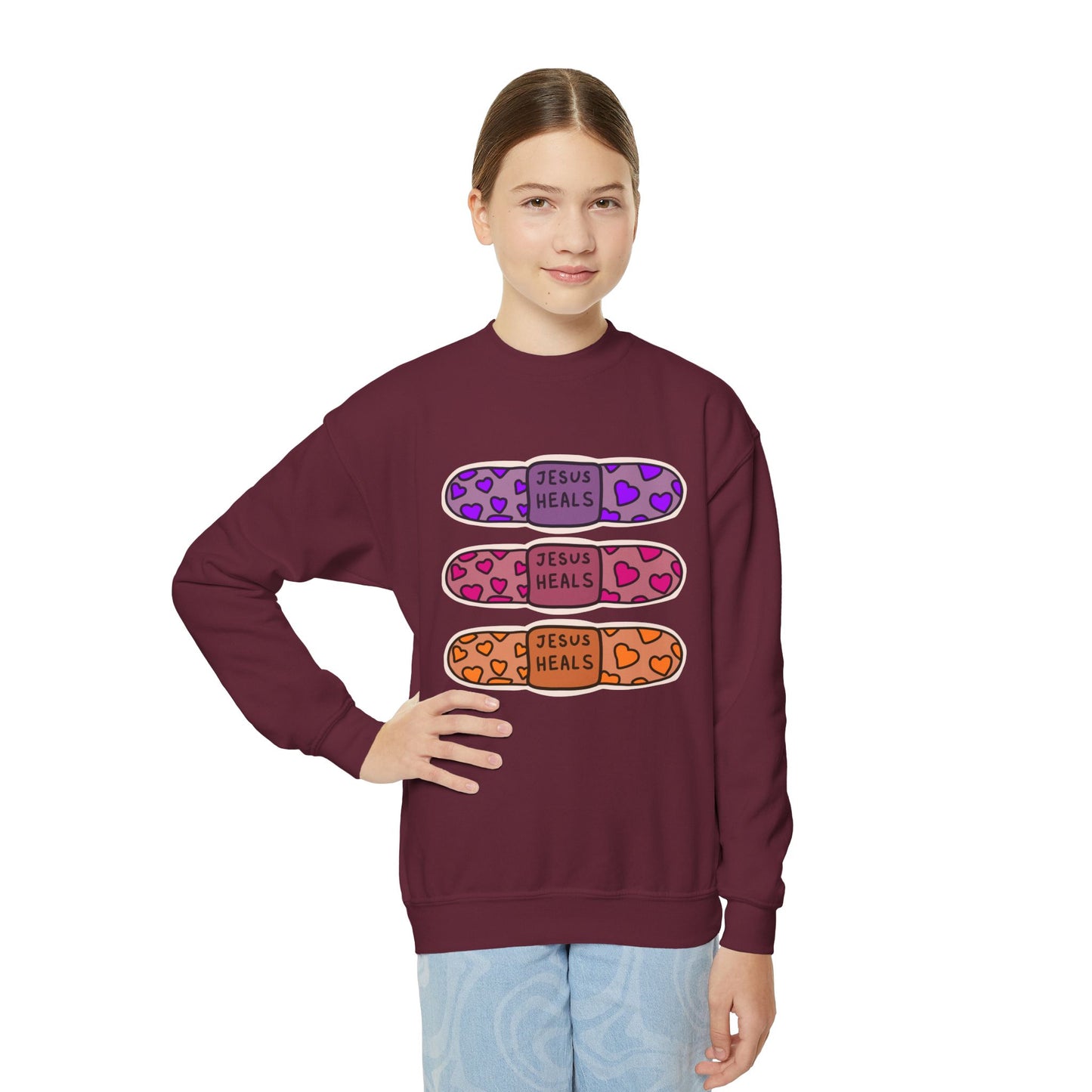 Youth Crewneck Sweatshirt - 'Jesus Heals' Colorful Leopard Bandage Graphic