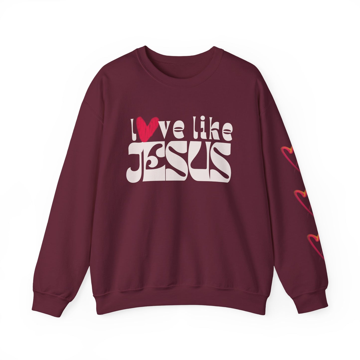 Love Like Jesus Crewneck Sweatshirt — Christian Faith Graphic Pullover with Heart Sleeve