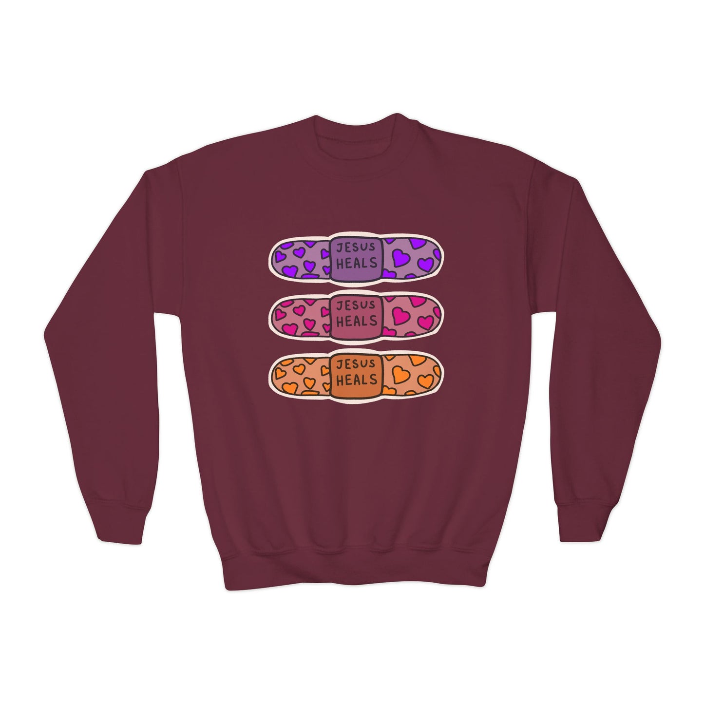 Youth Crewneck Sweatshirt - 'Jesus Heals' Colorful Leopard Bandage Graphic