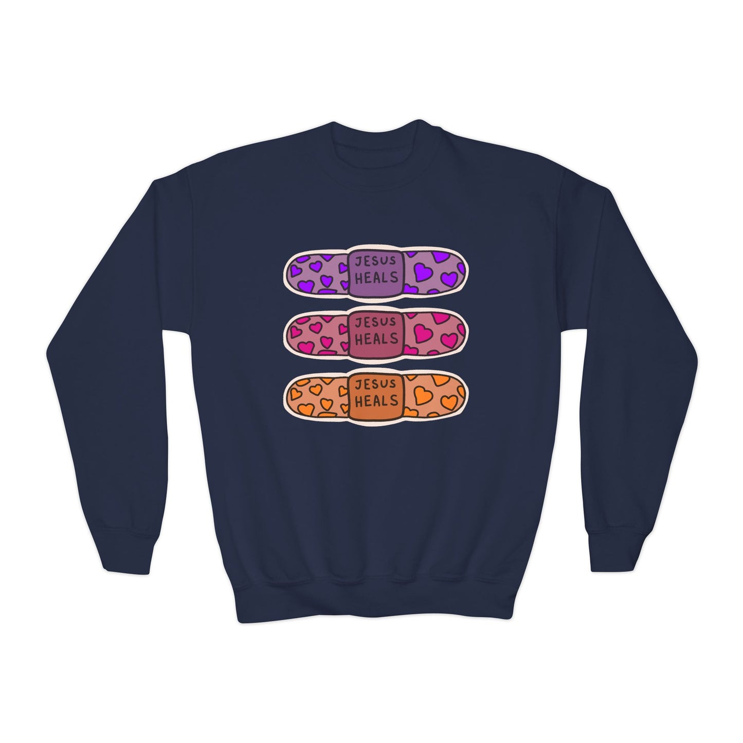 Youth Crewneck Sweatshirt - 'Jesus Heals' Colorful Leopard Bandage Graphic