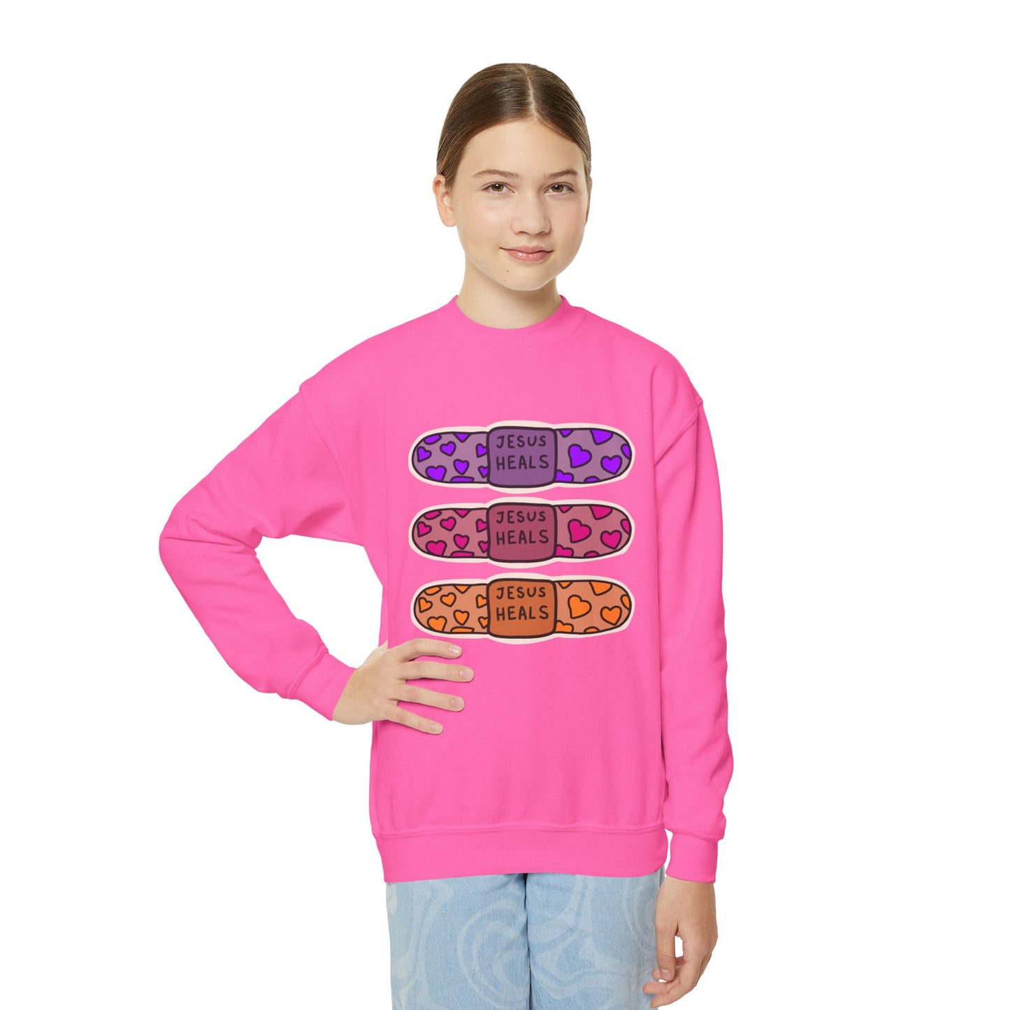 Youth Crewneck Sweatshirt - 'Jesus Heals' Colorful Leopard Bandage Graphic