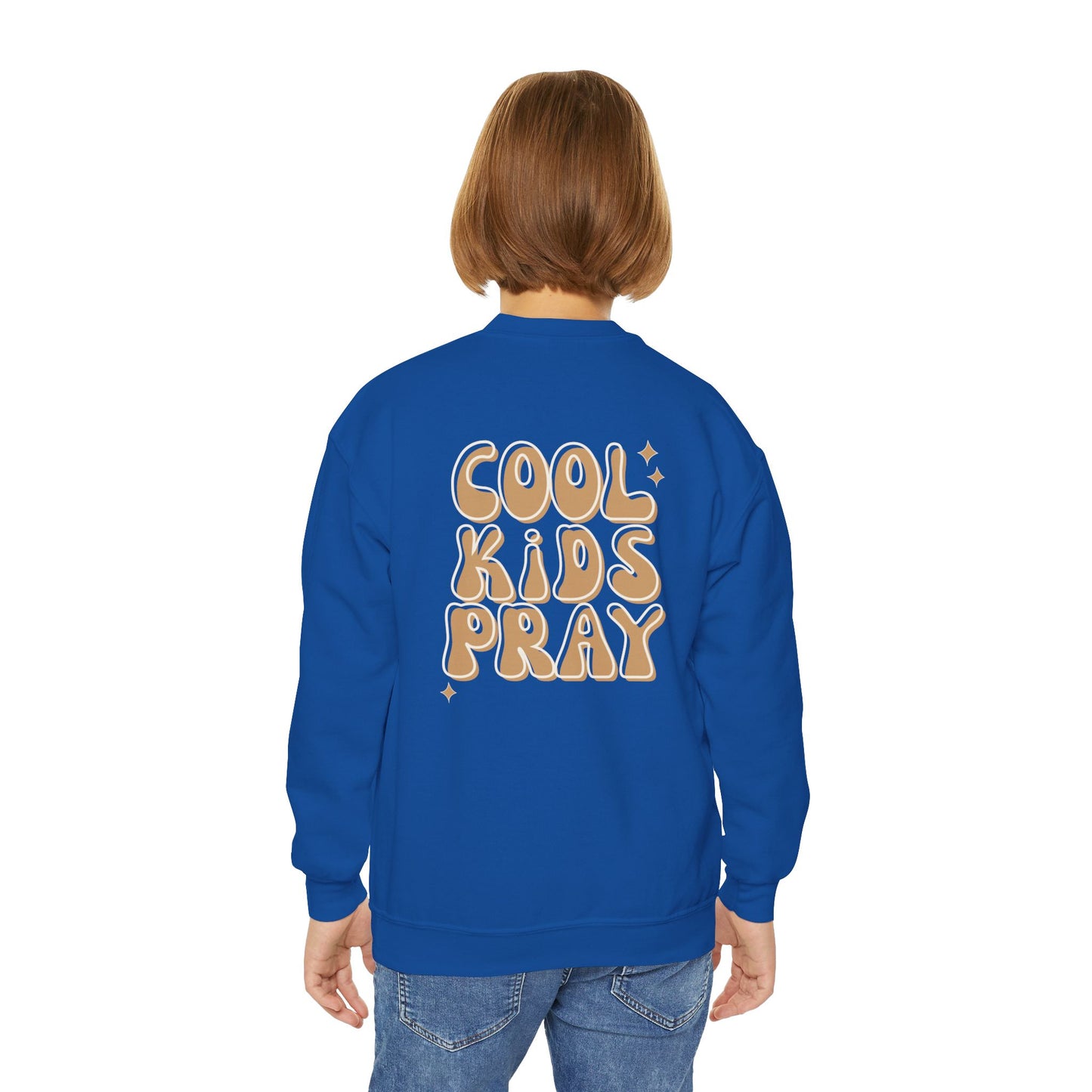Youth Crewneck Sweatshirt - "Cool Kids Pray" Retro Graphic Pullover for Kids