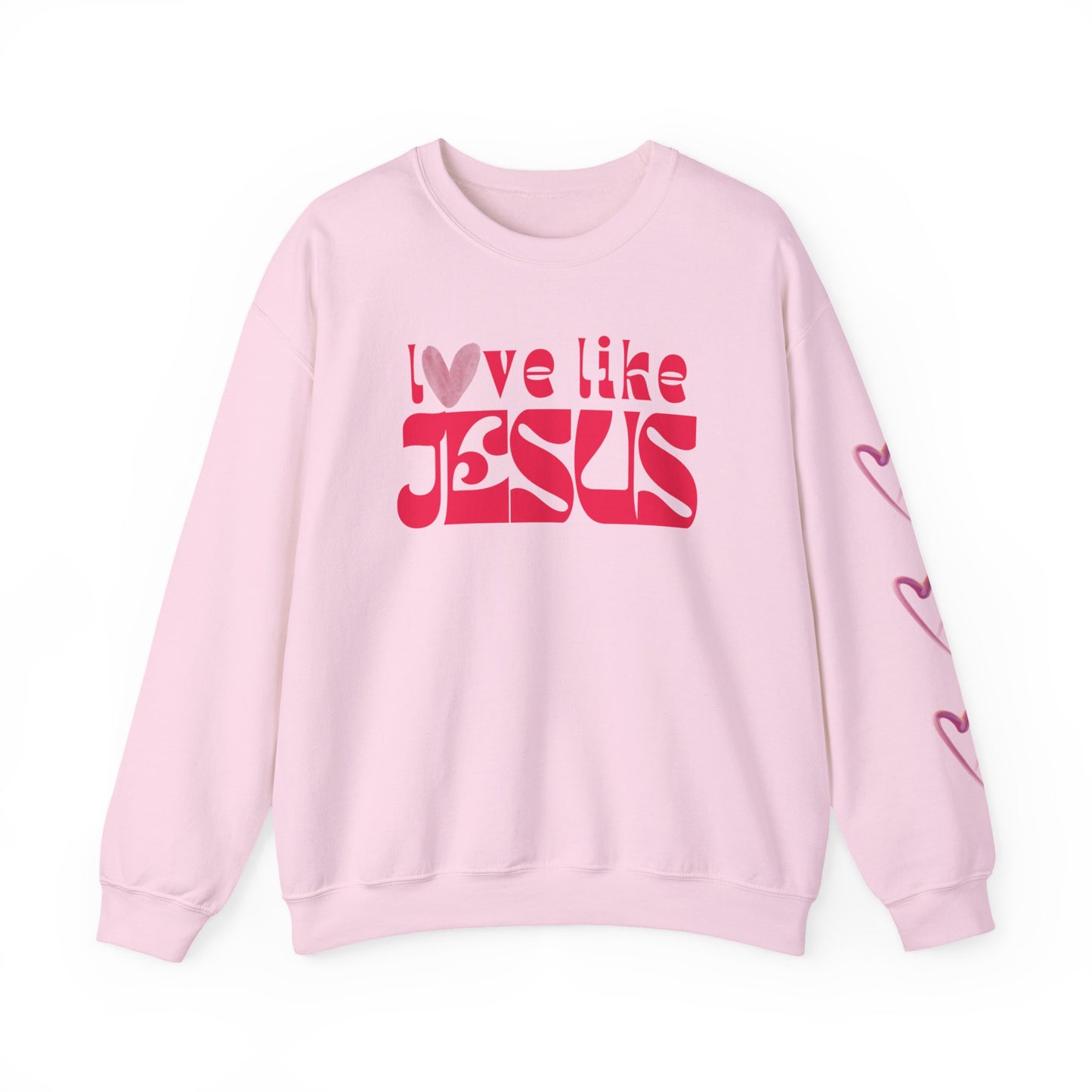 Love Like Jesus Crewneck Sweatshirt — Christian Faith Graphic Pullover with Heart Sleeve