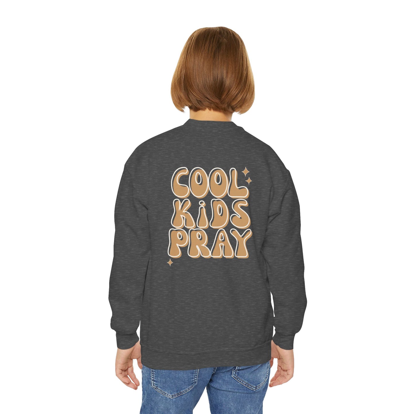 Youth Crewneck Sweatshirt - "Cool Kids Pray" Retro Graphic Pullover for Kids